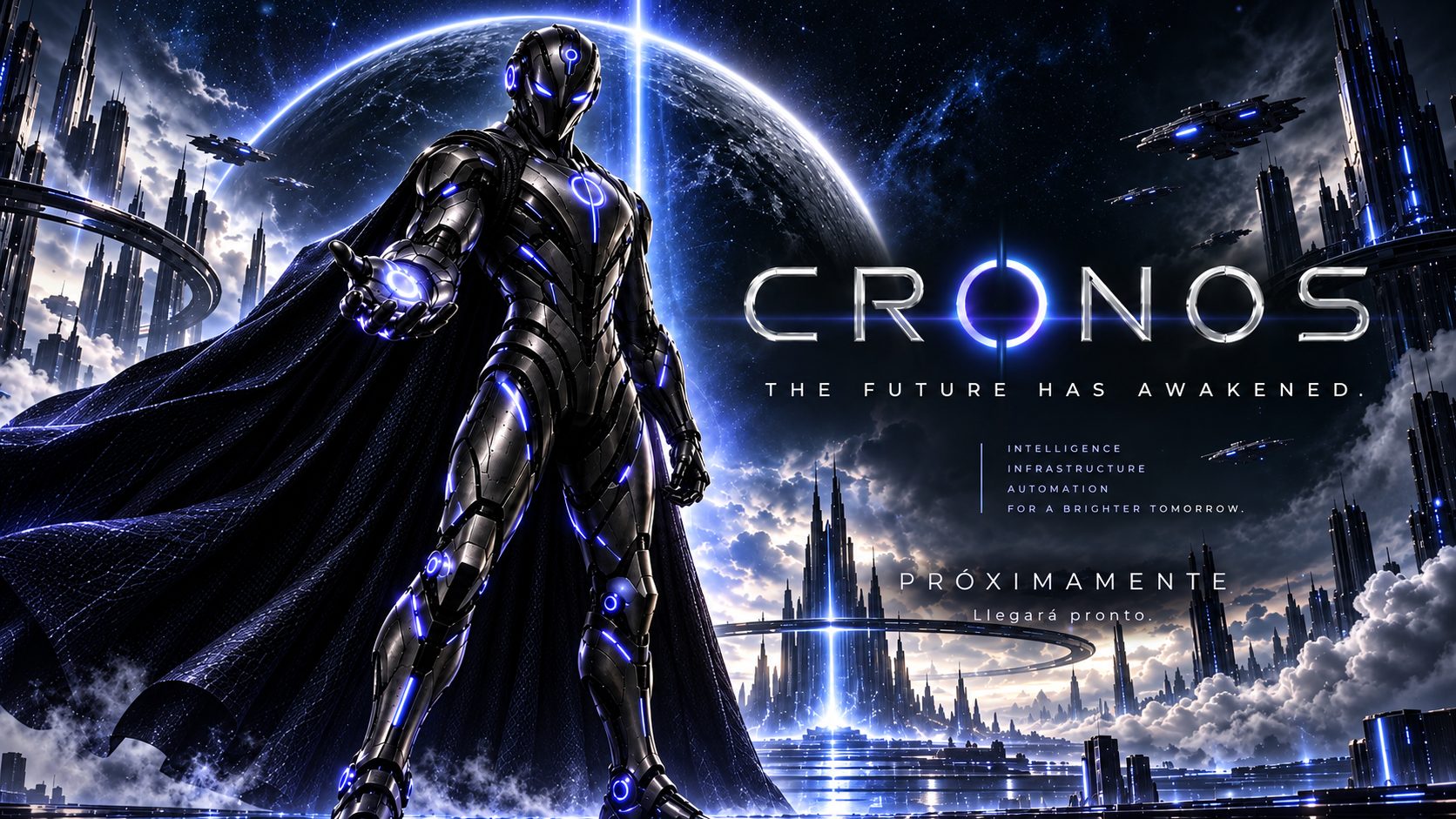 CRONOS: figura con armadura negra y luces azul violeta, capa al viento, frente a una ciudad futurista. Texto: CRONOS, The future has awakened, Próximamente, Llegará pronto.